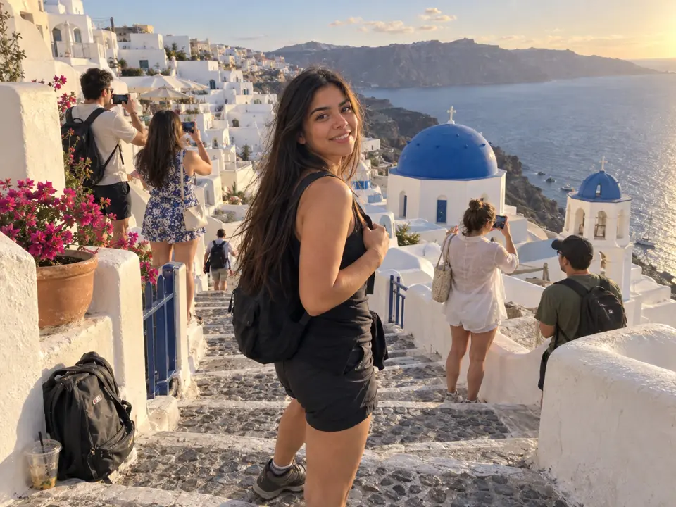Before: Santorini steps with background tourists