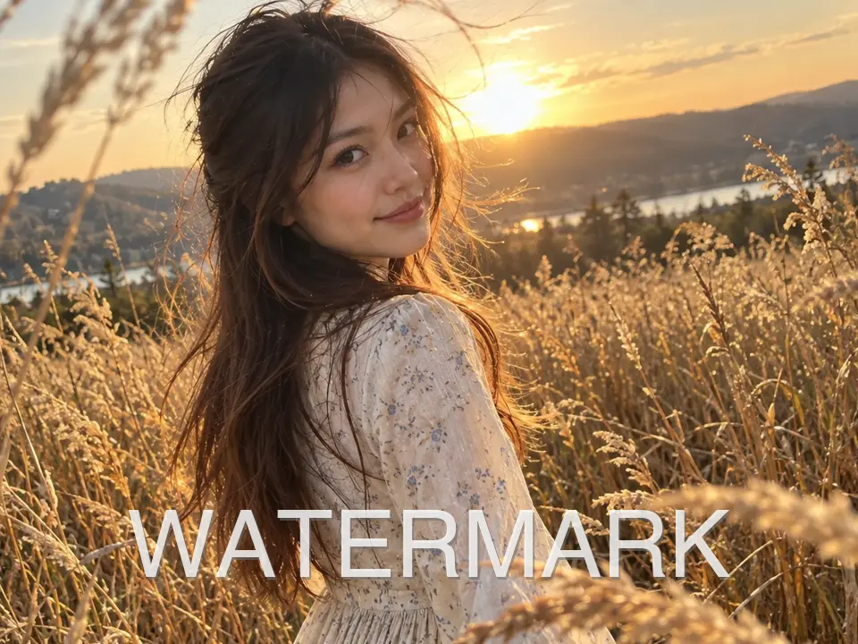Before: golden-hour portrait with WATERMARK text at bottom